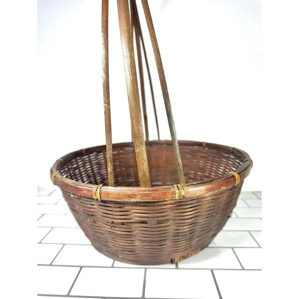 Vintage DCR Handwoven Bamboo Basket Bentwood Triple Handle Oval Wicker Basket